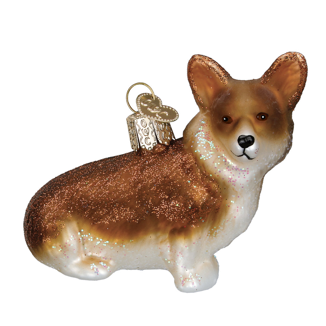 Pembroke Welsh Corgi glass Christmas ornament with brown glitter and white accents.
