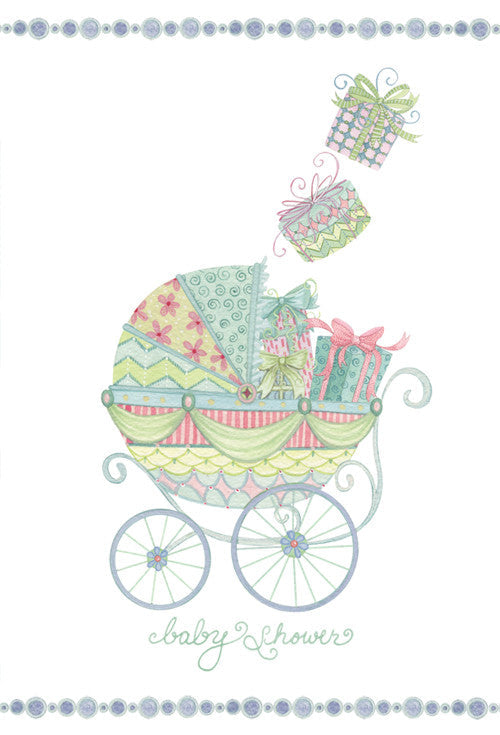 Baby shower greeting card featuring a pastel-colored baby carriage filled with gifts.
