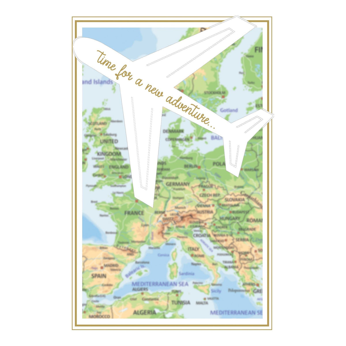 Foil embossed retirement card with 'Time For A New Adventure' text inside and 'Enjoy the journey' outside.