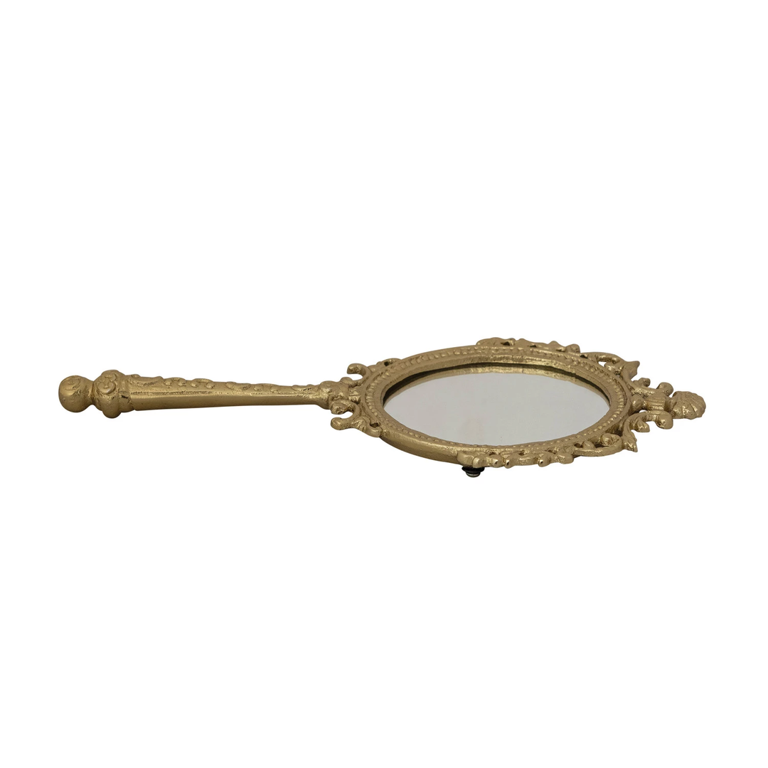 Embossed Metal Framed Hand Mirror - Antique Gold Finish
