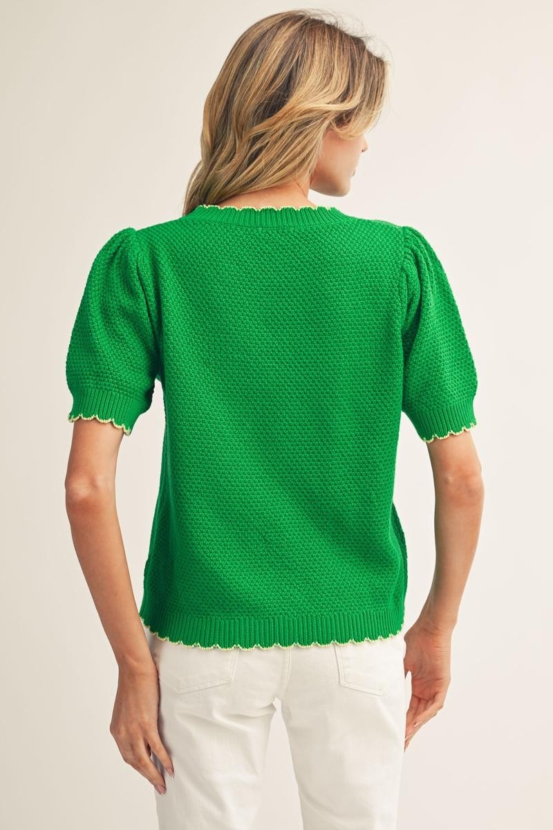 Cassandra scallop edge accent sweater top in white cotton with a relaxed silhouette.