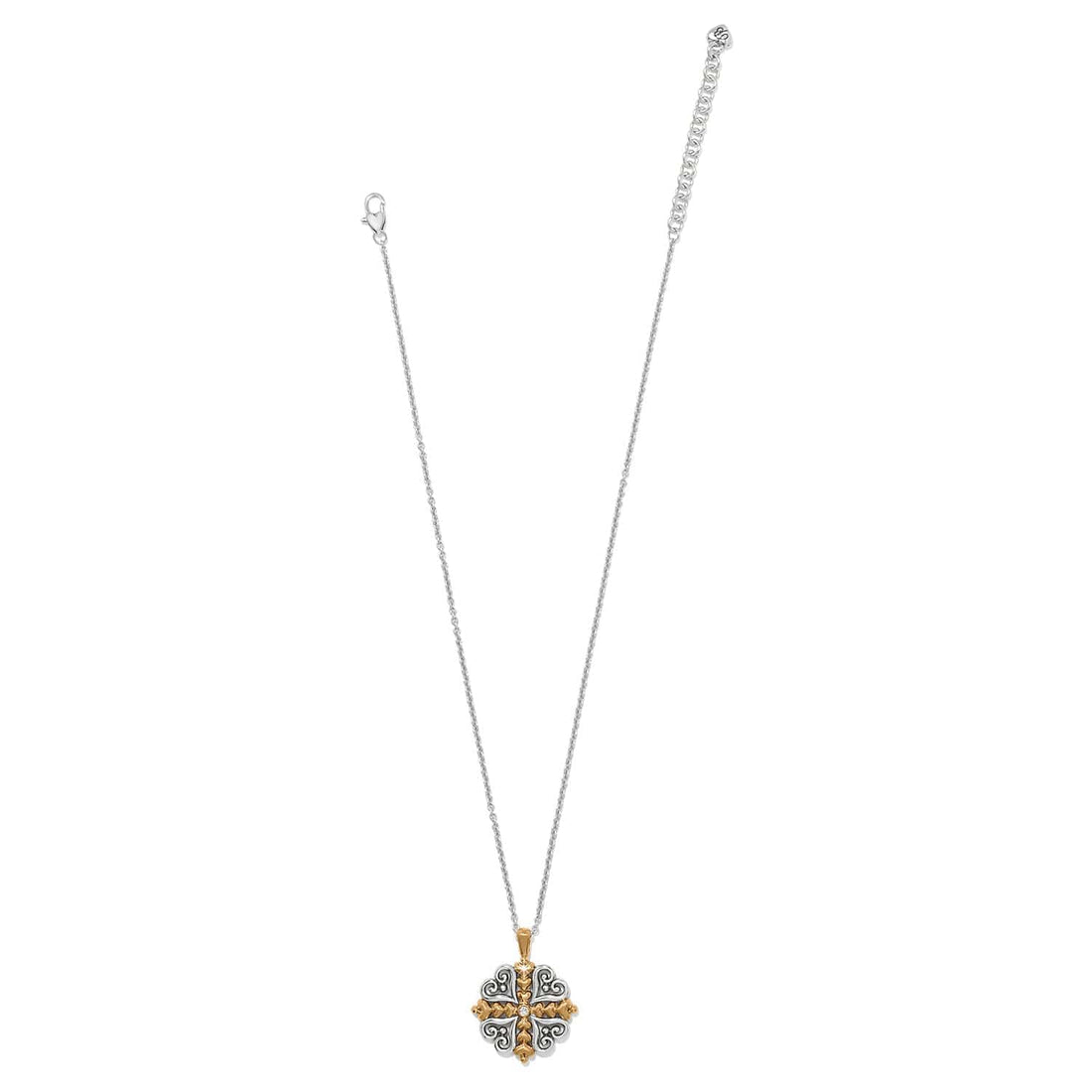 Alcazar Heart Two Tone Necklace with a silver and gold heart-shaped cross pendant.