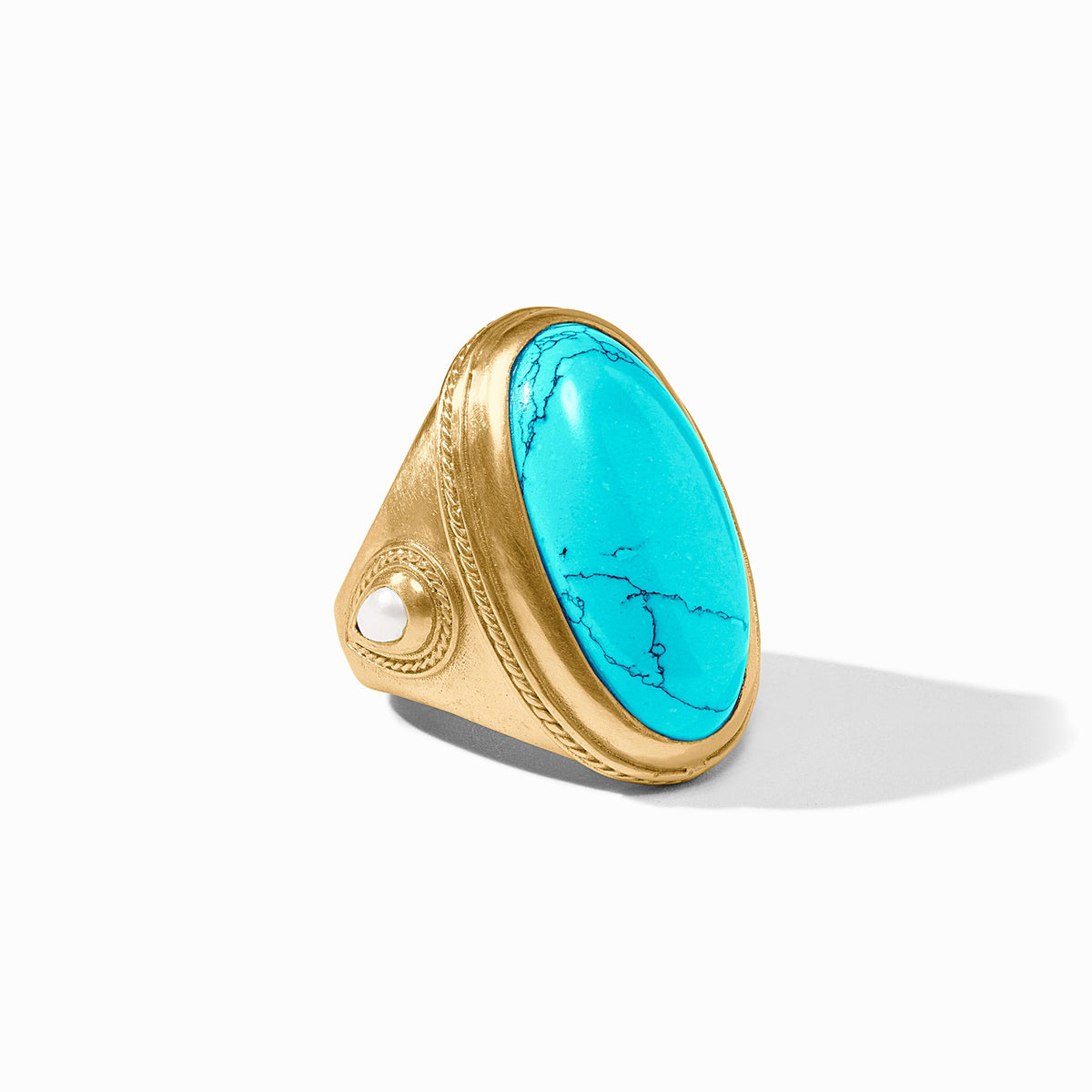 Cannes Statement Ring in 24K gold plate with a large oval turquoise glass stone and pearl accent.