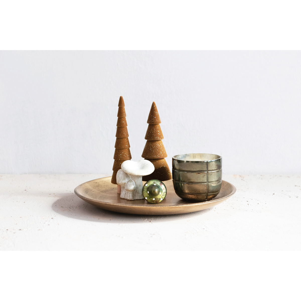 Round antique gold MDF decorative tray with a smooth matte finish.