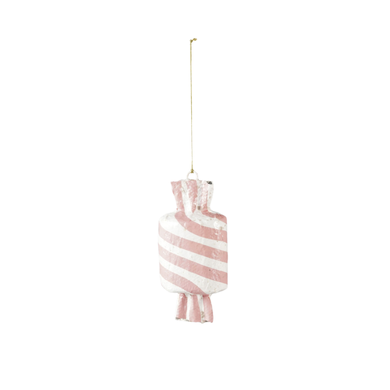 Pink and white striped papier-mache candy ornament with a gold hanging string.