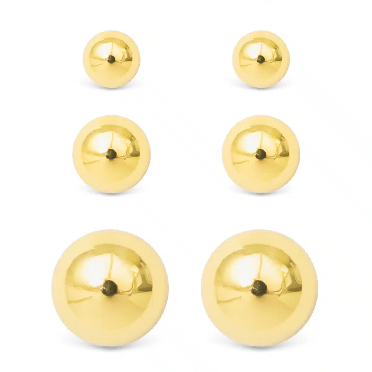 Three pairs of polished gold ball stud earrings in small, medium, and large sizes.