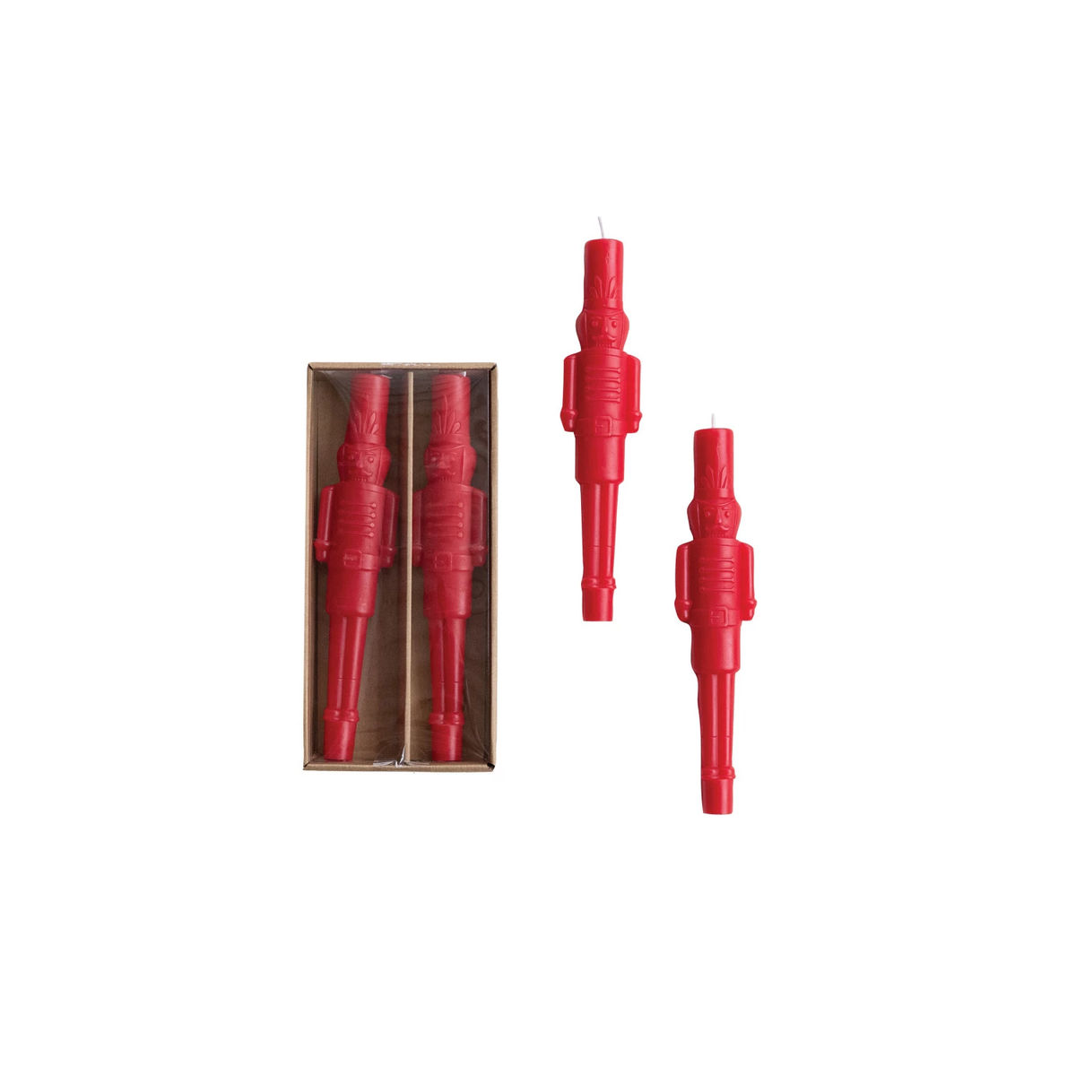 Set of four red unscented nutcracker-shaped taper candles, two in a box and two standing.