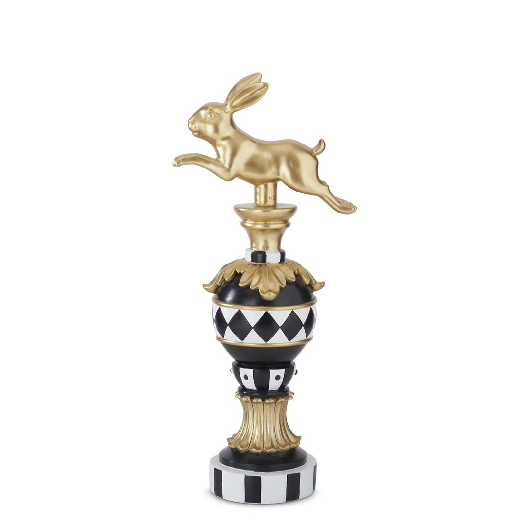 Gold polyresin prancing Easter bunny finial with black and white accents