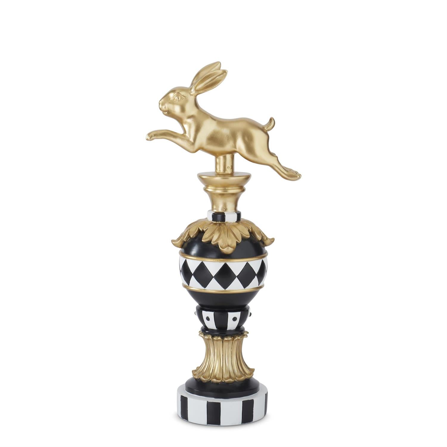 Gold polyresin prancing Easter bunny finial with black and white accents