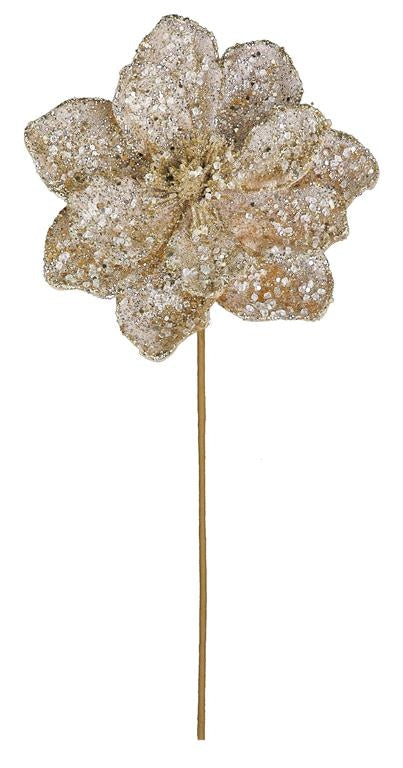 20-inch champagne magnolia pick with beaded, sequin, and glitter details on a thin stem.