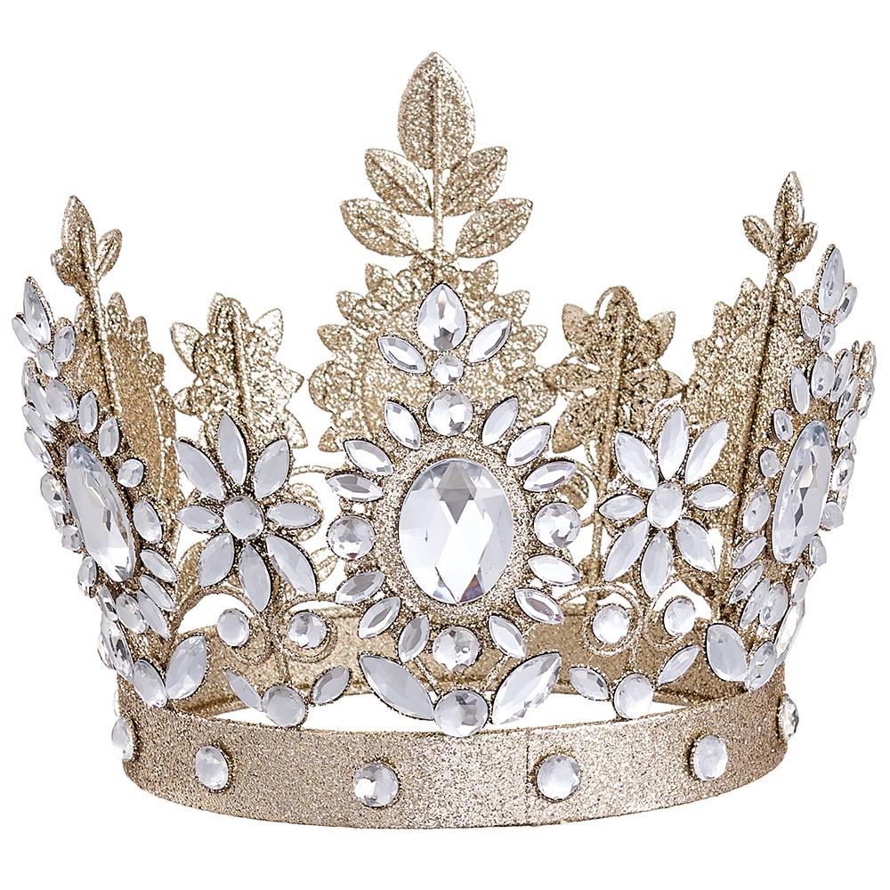 7-inch gold glittered crown with clear rhinestones and leaf-shaped metal accents.