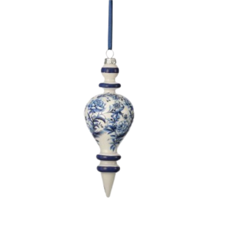 8-inch white glass finial ornament with blue floral print and blue ribbon hanger.