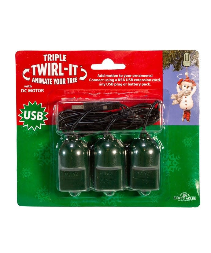 USB-powered tripple ornament spinner with DC motor featuring an 18-inch light spacing and rotary joint design.