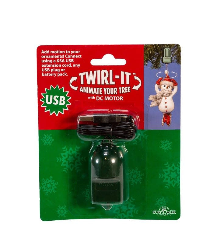 USB-powered twirl-it ornament spinner with DC motor featuring a 24-inch cord and rotating decorative element.