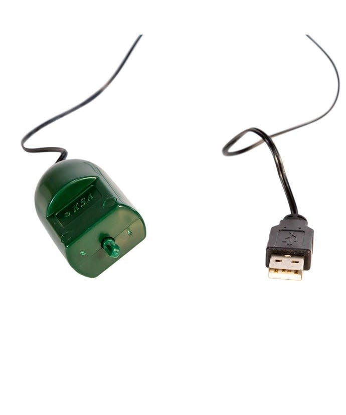 USB-powered twirl-it ornament spinner with DC motor featuring a 24-inch cord and rotating decorative element.