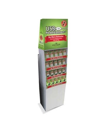 Four-layer floor display containing assorted USB-powered light components in neutral tones.
