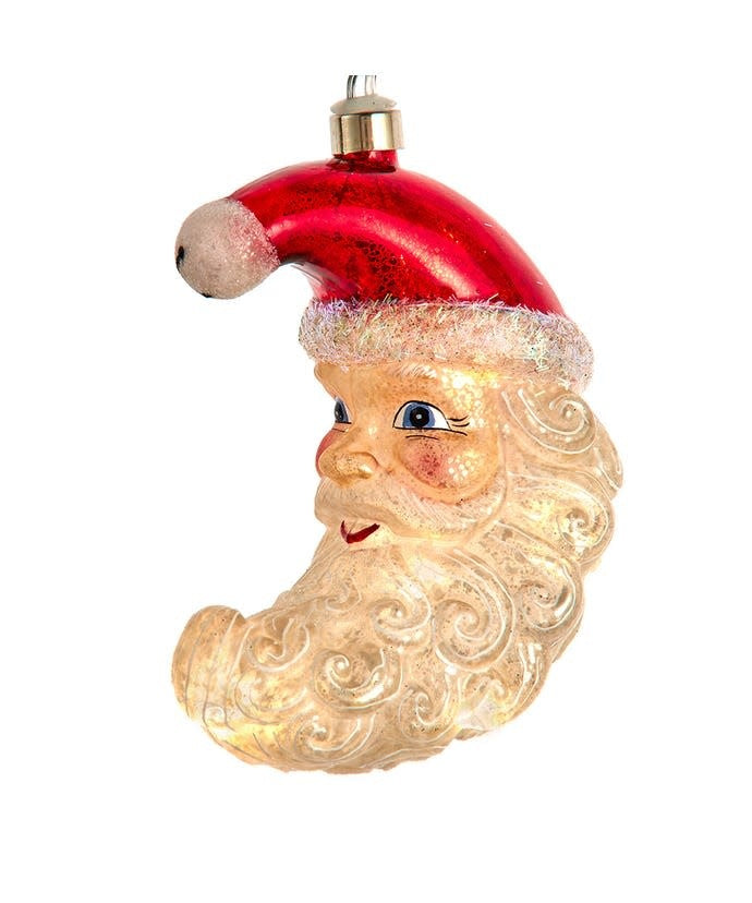 Glass USB-powered ornament shaped like a quarter moon with Santa's face wearing a red and white glittered hat.