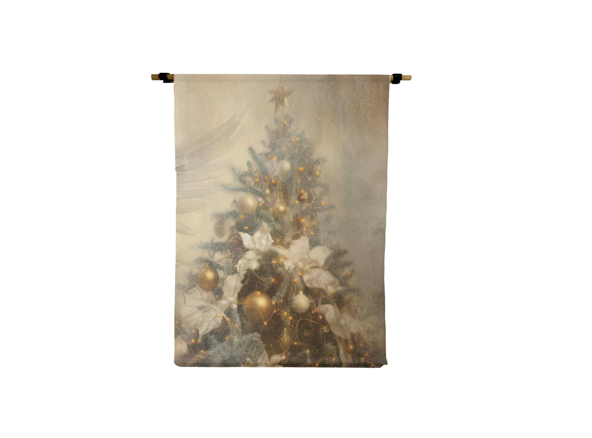 Neutral Christmas Tree Canvas Scroll with gold ornaments and white flowers on a wooden rod.