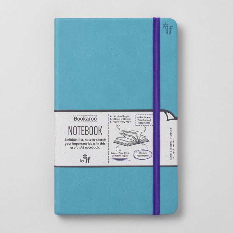 Hardback A5 journal with soft PU cover featuring lined pages, a ribbon bookmark, and elastic strap.
