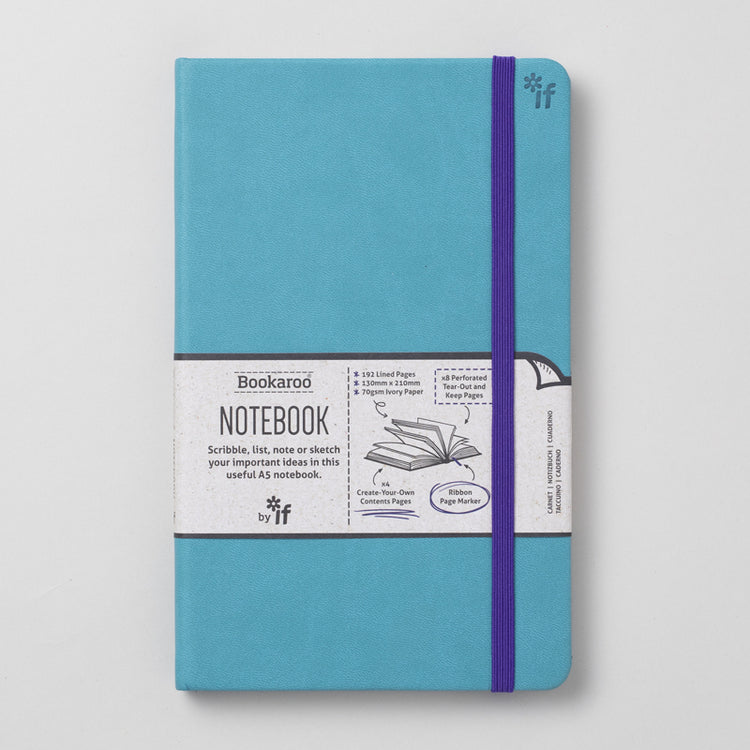 Hardback A5 journal with soft PU cover featuring lined pages, a ribbon bookmark, and elastic strap.