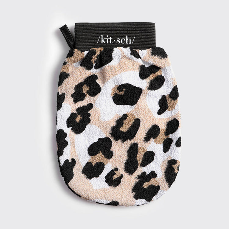 Leopard print eco-friendly exfoliating glove with plant-based rayon material in a soft fabric texture.