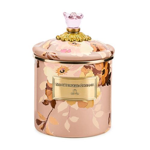 Small Wild Rose Mauve canister with hand-glazed steel body, bronzed stainless rim, brass accents, and glass details.