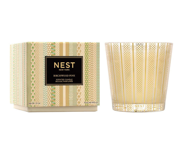 Nest 3-Wick Candle in Birchwood Pine with decorative gold-patterned glass and matching box.