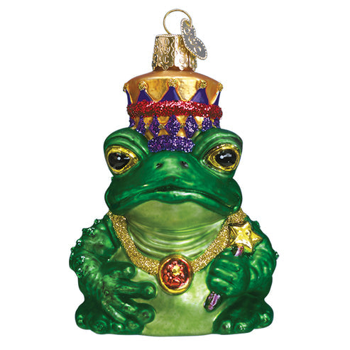 Green glass Frog King ornament wearing a purple and gold crown and a gold glittery necklace.