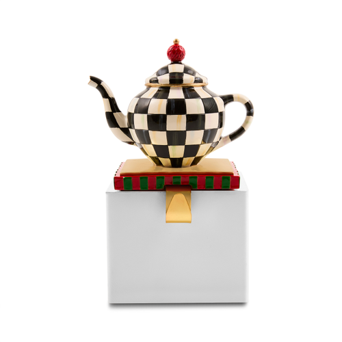 Courtly Check teapot stocking holder on a white base with a gold hook.