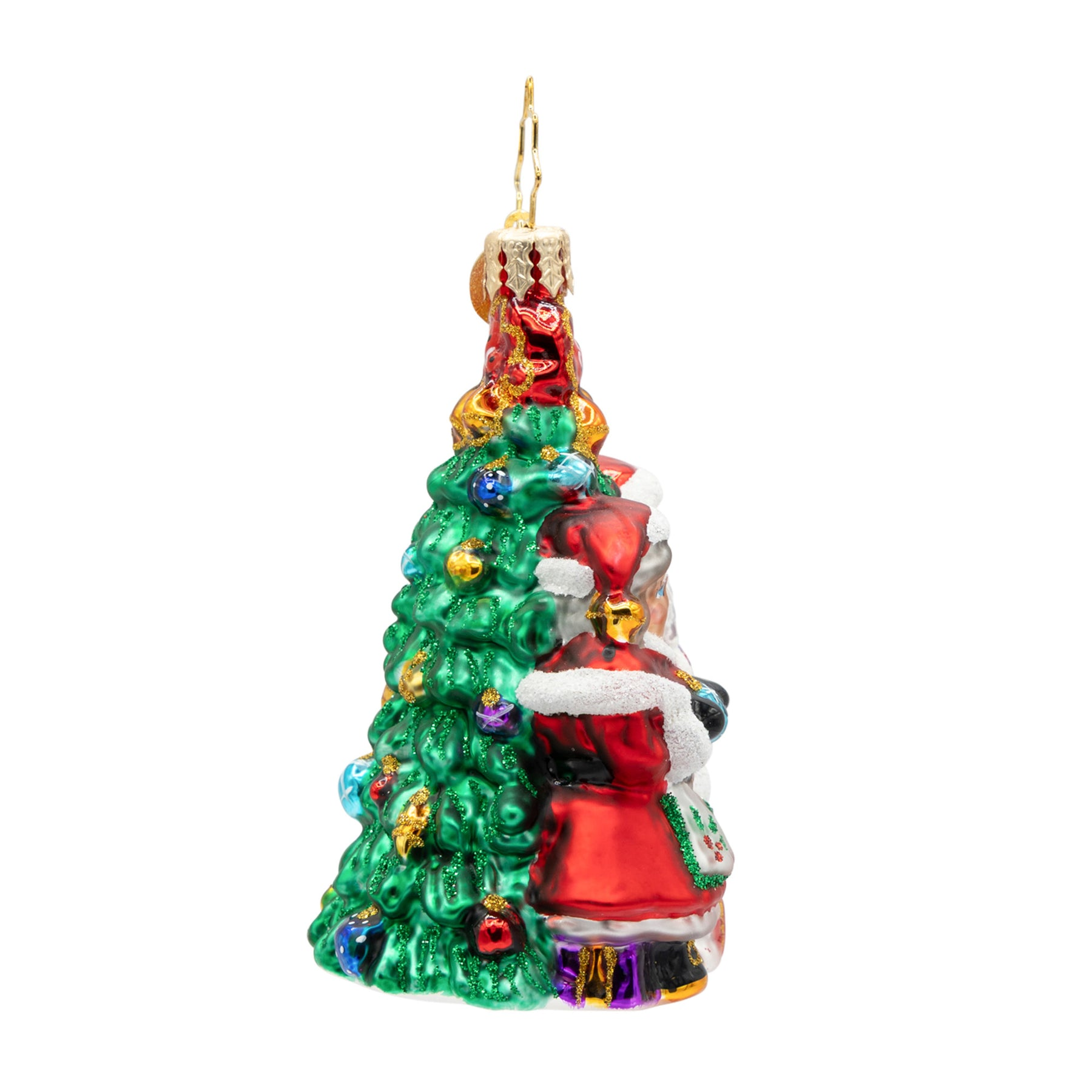 Holiday Harmony Gem glass ornament featuring Santa and Mrs. Claus decorating a Christmas tree.
