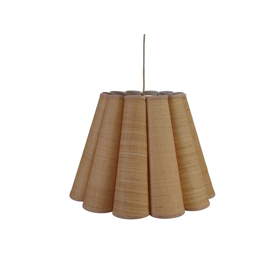 Raffia scalloped pendant lamp with linen trim in natural tones