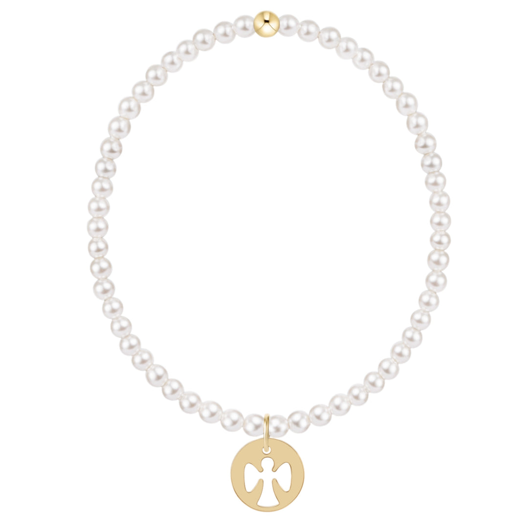 Classic 3mm white pearl bracelet with a 14kt gold-filled guardian angel disc charm.