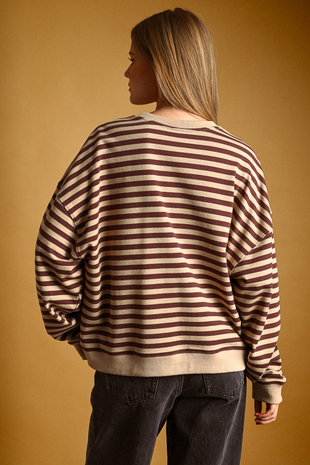 Back view of a woman wearing the Evie brown and tan striped knitted long sleeve pullover.