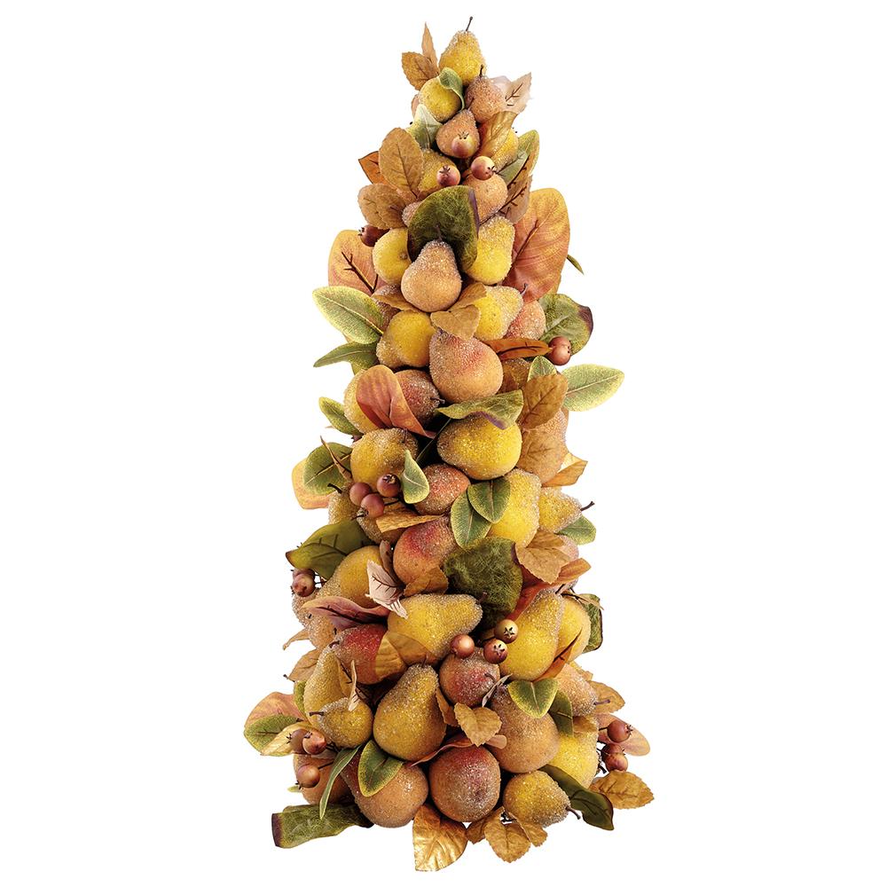 33-inch cone topiary featuring beaded yellow and brown pears, berries, and autumn leaves.