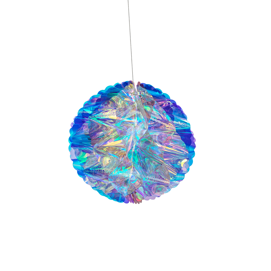Iridescent deco ball ornament with a shimmering metallic finish.