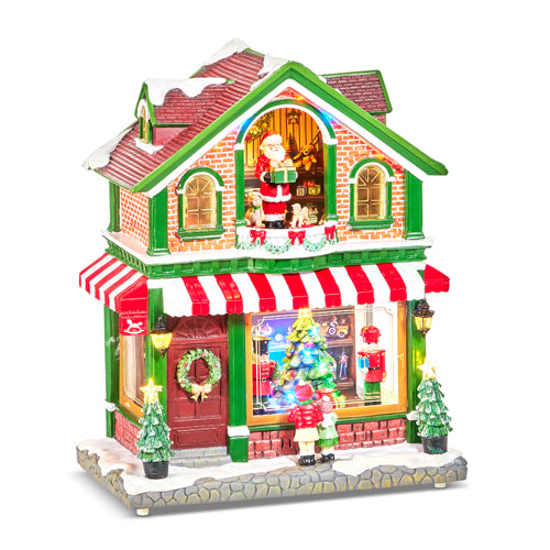 16-inch lighted musical toy shop resin decoration with Santa, nutcrackers, and a Christmas tree.