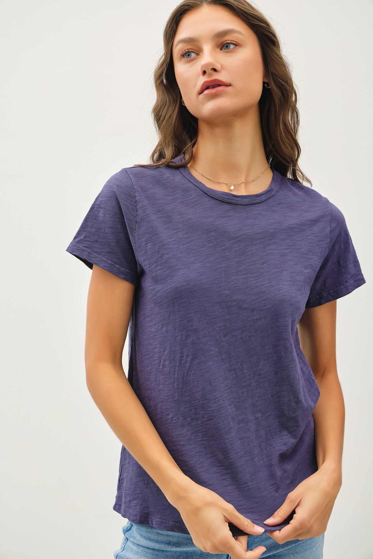 Ginny Garment Dyed Slub Tee in blue with a slub texture and relaxed silhouette.