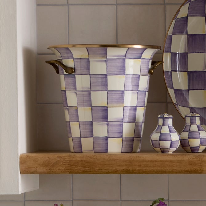 Violet check wine cooler with a cylindrical shape.