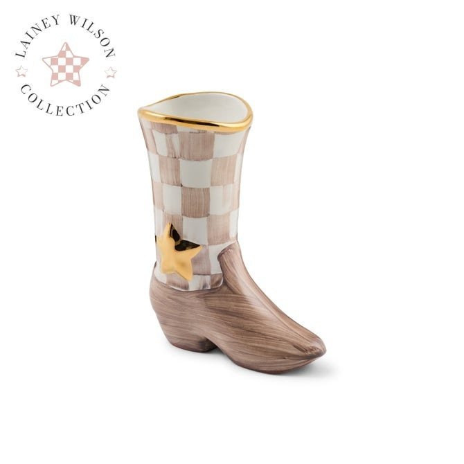 Mocha check cowboy boot bud vase with gold star and rim, Lainey Wilson x MacKenzie-Childs.