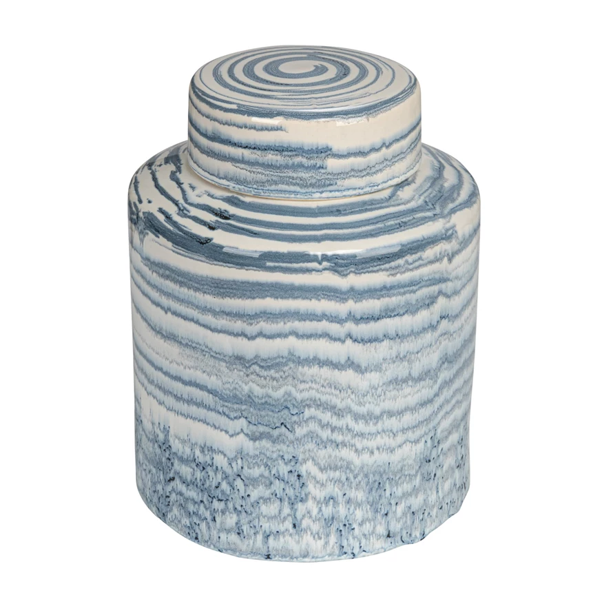 Round stoneware ginger jar with vertical stripes in earth tones.