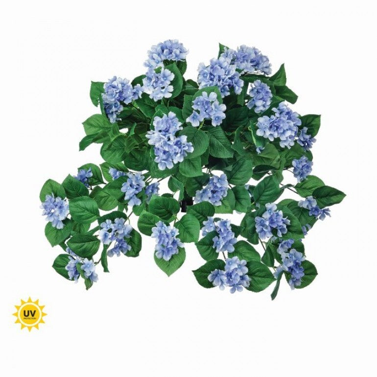 Hanging artificial hydrangea plant with purple blooms in a black metal frame.