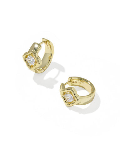 Gold Mallory Crystal Huggie Earrings with signature medallion and white cubic zirconia accents.