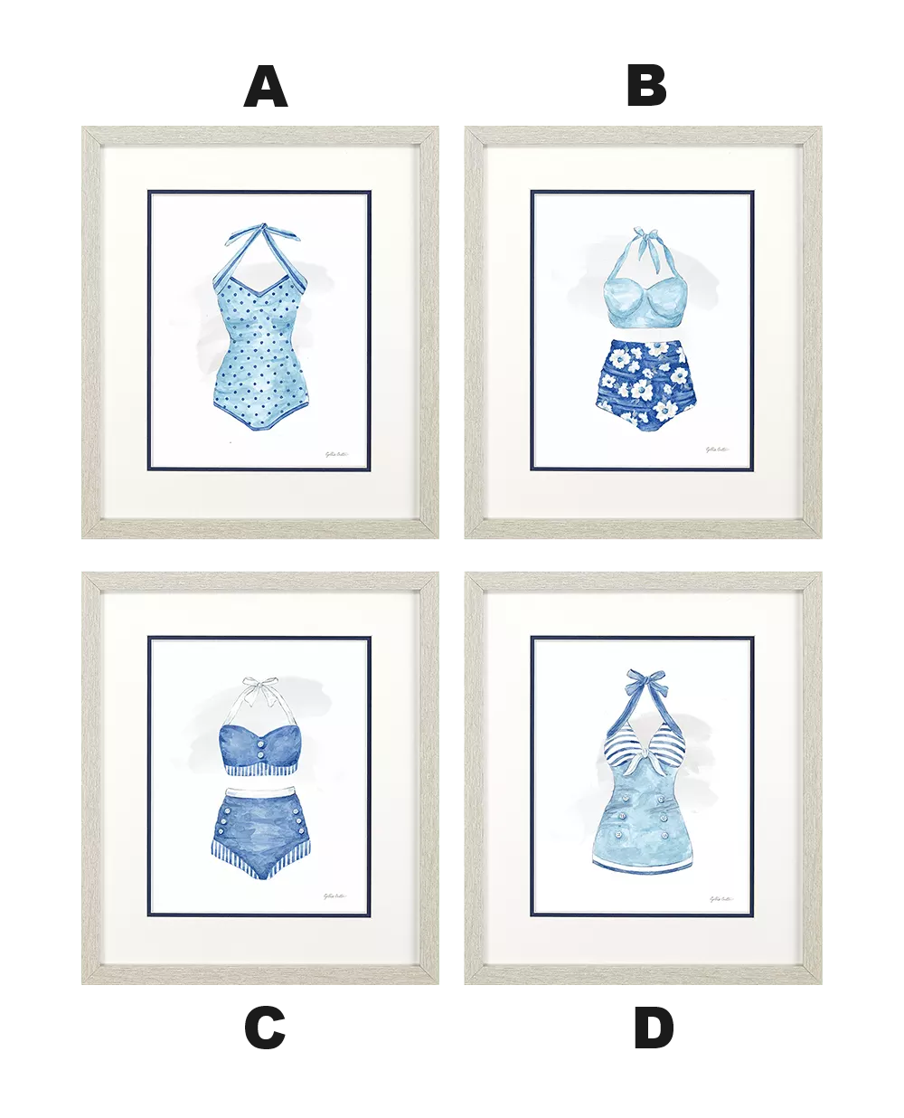 Four framed watercolor prints of vintage-style blue swimsuits: a polka dot one-piece, a bikini with floral shorts, a bikini with buttoned shorts, and a striped one-piece.