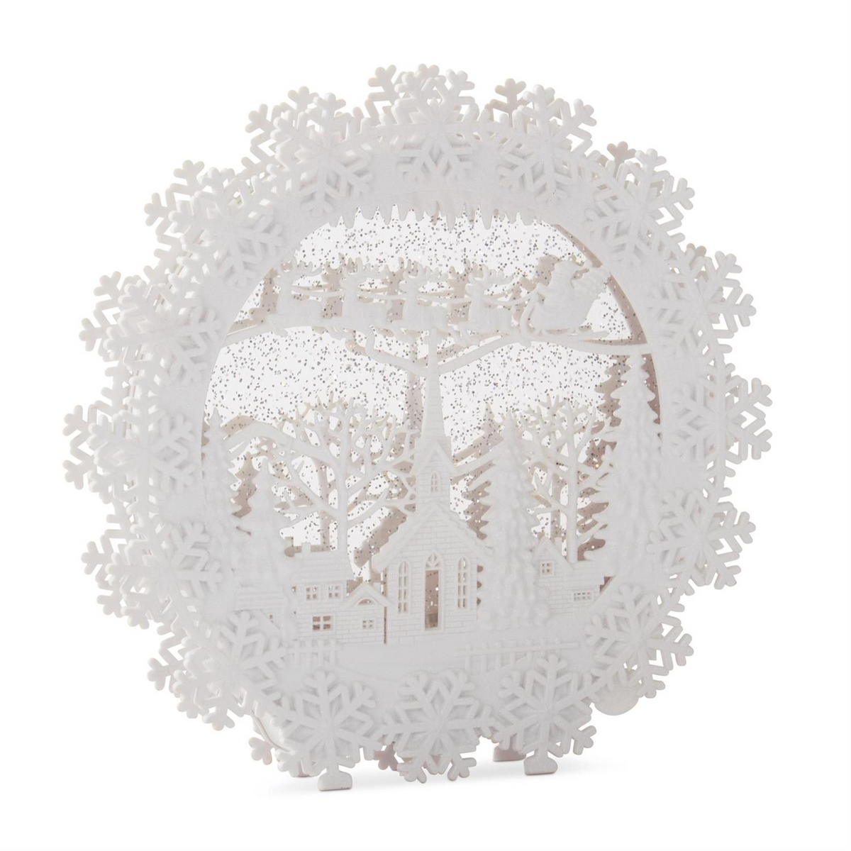 12-inch white round water spinning snowflake frame with a winter village and Santa's sleigh scene.