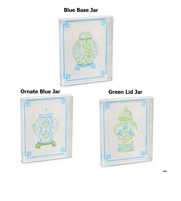 Three 8-inch acrylic blocks featuring blue and green floral ginger jar illustrations.