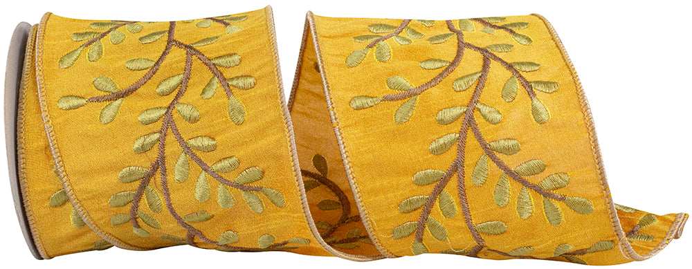 Vine Sunset Deluxe wired edge ribbon in sunset colors with embroidered vine pattern
