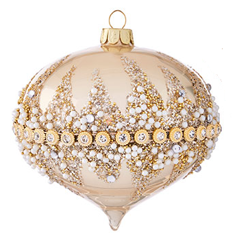 Four-inch onion-shaped beaded ornament with wrapped bead center