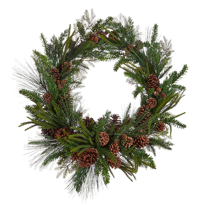 34.5-inch round wreath with fern circle base decorated in mixed greenery and pine branches.