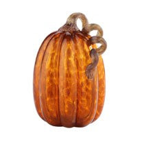 Amber Halloween pumpkin with a carved jack-o'-lantern face on an orange background.