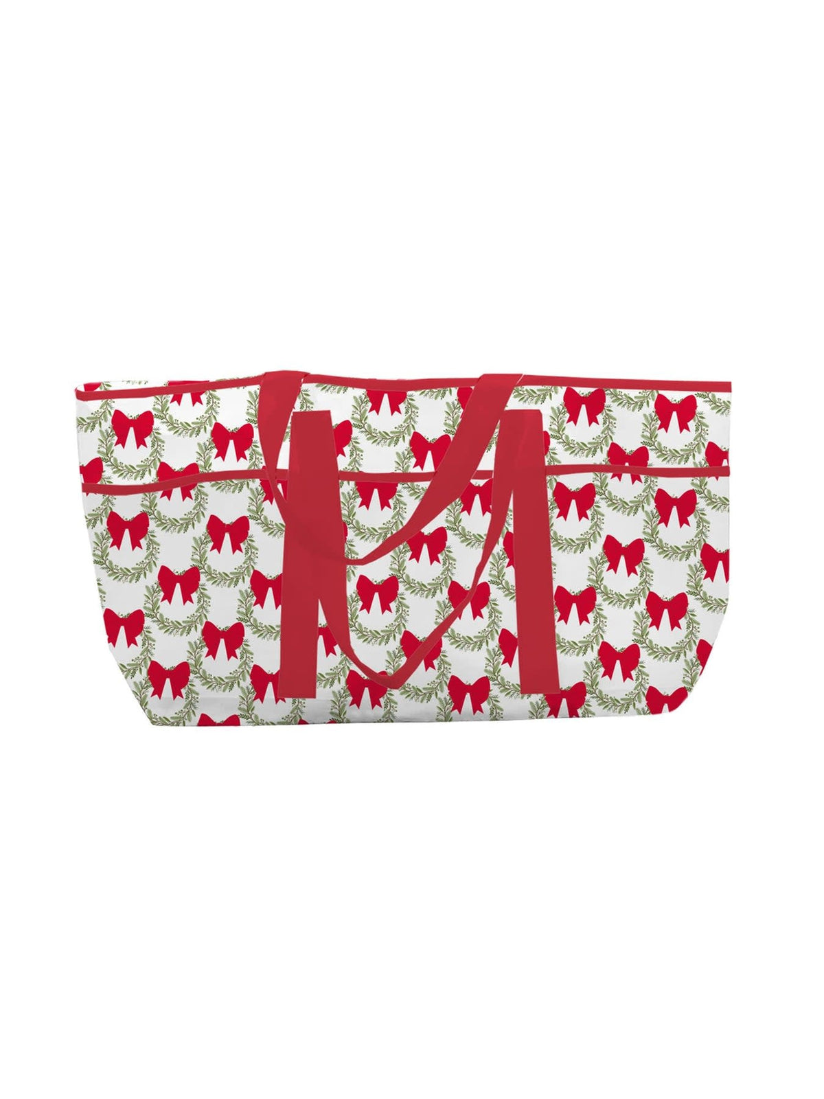 Red utility tote bag with wreath print holding holiday gifts